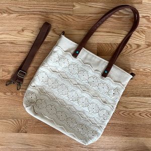 MUDD Woven Fabric Purse with Front Crocheted Lace
